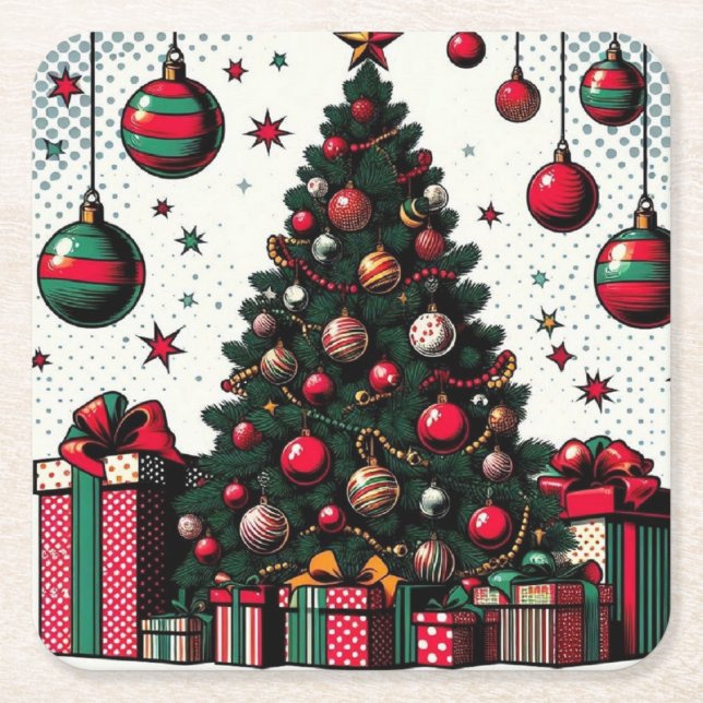 Posavasos Cuadrado De Papel árbol de Navidad (Anverso)