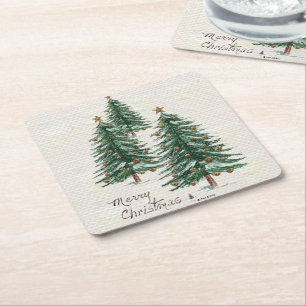 Posavasos Cuadrado De Papel Árbol de navidad acuarela de estilo antiguo en ni