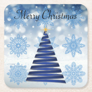 Posavasos Cuadrado De Papel Árbol de Navidad azul precioso, copo de nieve