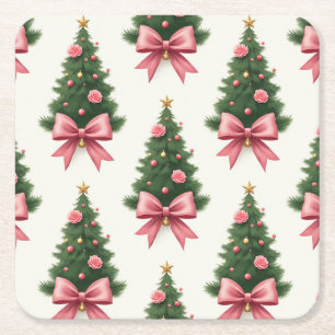 Posavasos Cuadrado De Papel Árbol de Navidad con lazo rosa