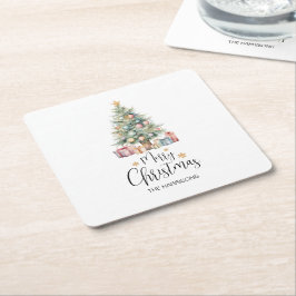 Posavasos Cuadrado De Papel Árbol de navidad de color de agua elegante persona