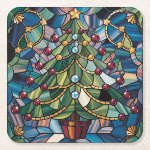 Posavasos Cuadrado De Papel Árbol de Navidad de Vidrio Emplomado Estilo Tiffan