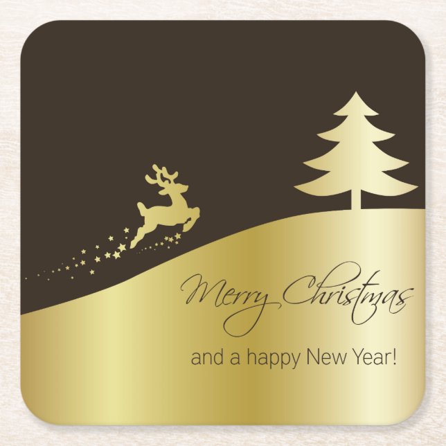 Posavasos Cuadrado De Papel Árbol de Navidad dorado con reno (Anverso)