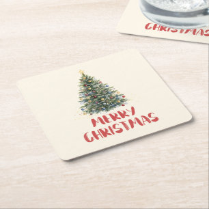 Posavasos Cuadrado De Papel Árbol de Navidad en acuarela rústica Navidades