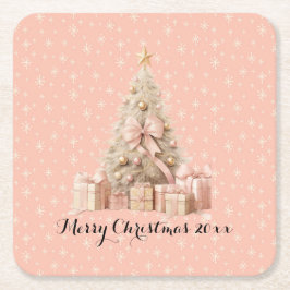 Posavasos Cuadrado De Papel Árbol de Navidad Girly Soft rosa y saludos persona