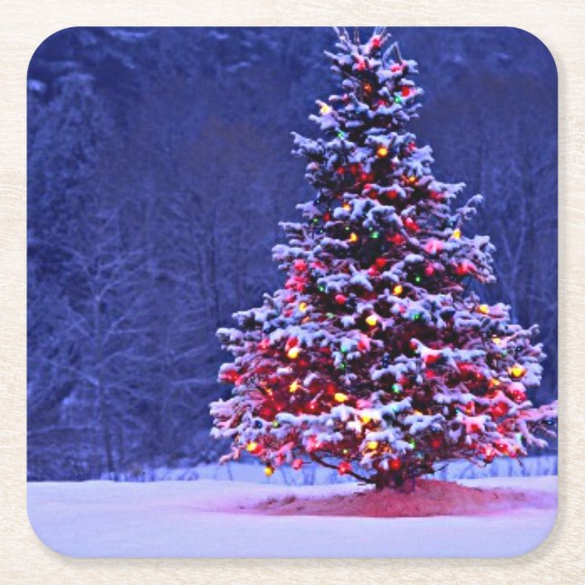 Posavasos Cuadrado De Papel Árbol de navidad nevado (Anverso)
