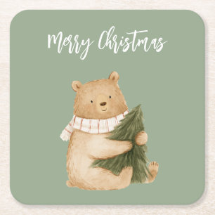 Posavasos Cuadrado De Papel Árbol de Navidad Oso Feliz Blanco Verde