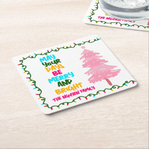 Posavasos Cuadrado De Papel Árbol de Navidad Rosa Brillante Fiesta Colorida y