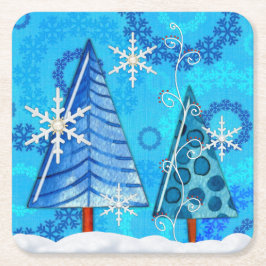 Posavasos Cuadrado De Papel Árbol de Navidad y copo de nieve galvanizado