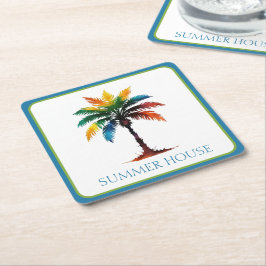 Posavasos Cuadrado De Papel Árbol de palmas de color de agua personalizado