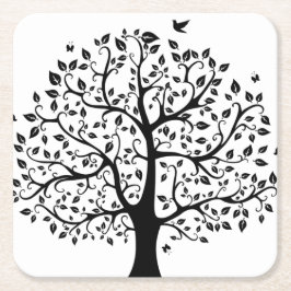 Posavasos Cuadrado De Papel Árbol de vida negra y blanca