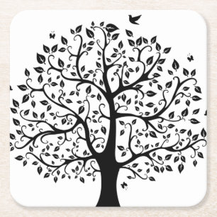 Posavasos Cuadrado De Papel Árbol de vida negra y blanca
