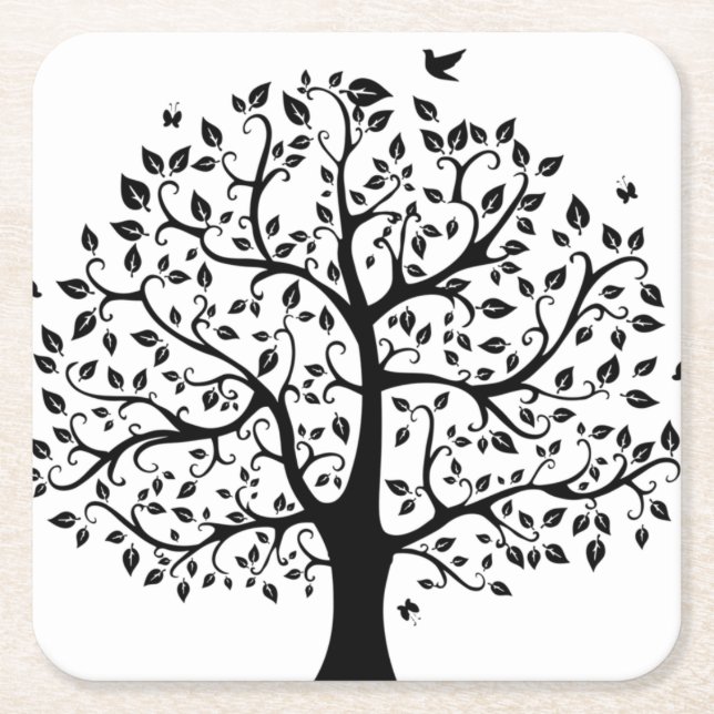 Posavasos Cuadrado De Papel Árbol de vida negra y blanca (Anverso)