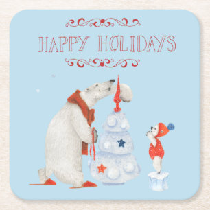 Posavasos Cuadrado De Papel Árbol decorativo de osos polares
