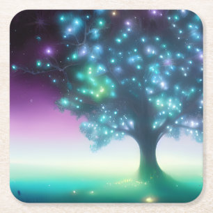 Posavasos Cuadrado De Papel Árbol púrpura teal con luces