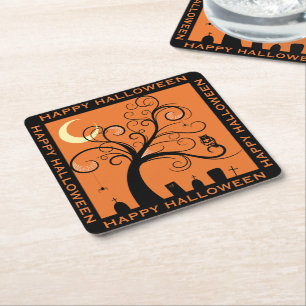 Posavasos Cuadrado De Papel Árbol y cementerio Arte naranja Feliz Halloween