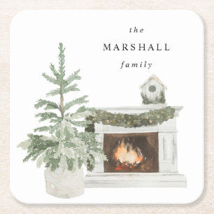 Posavasos Cuadrado De Papel Árbol y chimenea de Navidad y nombre