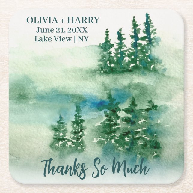 Posavasos Cuadrado De Papel Árboles de pinos de selva verde rustica (Anverso)