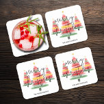 Posavasos Cuadrado De Papel Árboles navideños acuarelas<br><div class="desc">Hermosos acuarelas árboles navideños coronados con acento de estrella dorada,  estos aposentos de papel cuadrado con Feliz Navidad y tu apellido con letras de moda. Diversión por su decoración de vacaciones o regalo como regalo. COINCIDIENDO elementos de nuestra colección.</div>