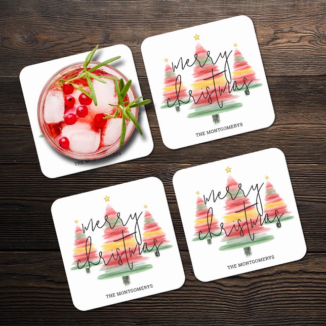 Posavasos Cuadrado De Papel Árboles navideños acuarelas (Subido por el creador)
