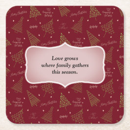 Posavasos Cuadrado De Papel Árboles navideños de moda en verde en rojo con cit