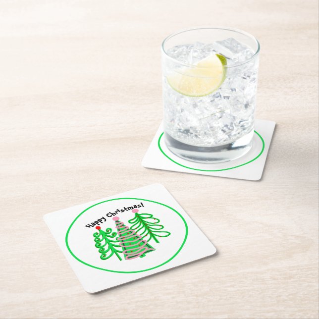 Posavasos Cuadrado De Papel Árboles verdes de Navidad rosados (In situ)