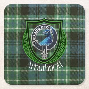 Posavasos Cuadrado De Papel Arbuthnott Scottish Clan Tartan y Escudo