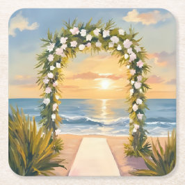 Posavasos Cuadrado De Papel Arco de boda de playa floral acuarela