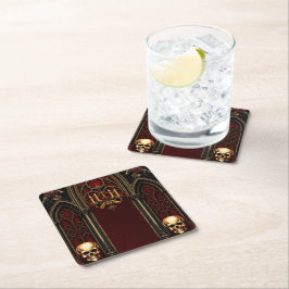 Posavasos Cuadrado De Papel Arco gótico con calaveras.