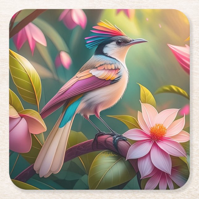 Posavasos Cuadrado De Papel Arcoiris con crema Jay Fantasy Bird (Anverso)