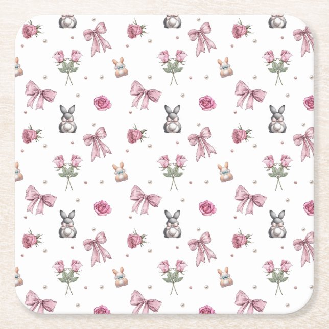 Posavasos Cuadrado De Papel Arcos, conejitos y flores (Anverso)