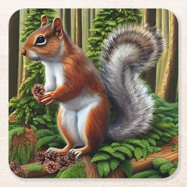 Posavasos Cuadrado De Papel Ardilla Abstracta Cubierta Con Pineconas (Anverso)