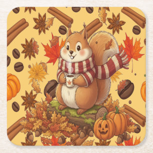 Posavasos Cuadrado De Papel Ardilla Otoño y Calabaza y Café