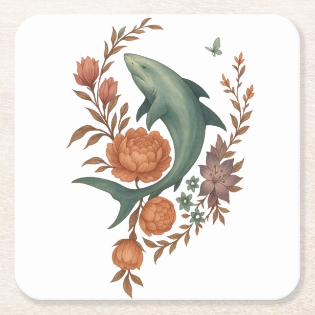 Posavasos Cuadrado De Papel Armonía floral del tiburón - Arte de la naturaleza (Anverso)
