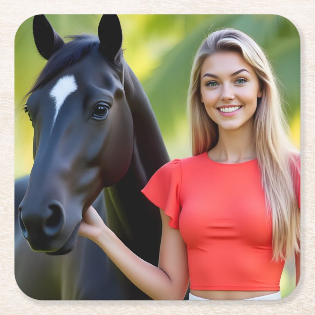 Posavasos Cuadrado De Papel Armonía tropical: Helena y su caballo (Anverso)