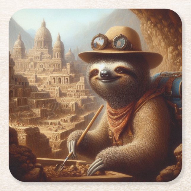 Posavasos Cuadrado De Papel Arqueólogo Sloth (Anverso)