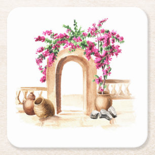 Posavasos Cuadrado De Papel arquitectura mediterránea, flores, acuarela, h