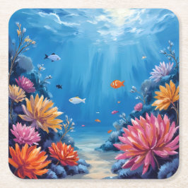Posavasos Cuadrado De Papel Arrecife de Coral Bajo el Mar Pintura del Océano