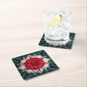 Posavasos Cuadrado De Papel Arreglo floral de la Armada Roja sobre lujo