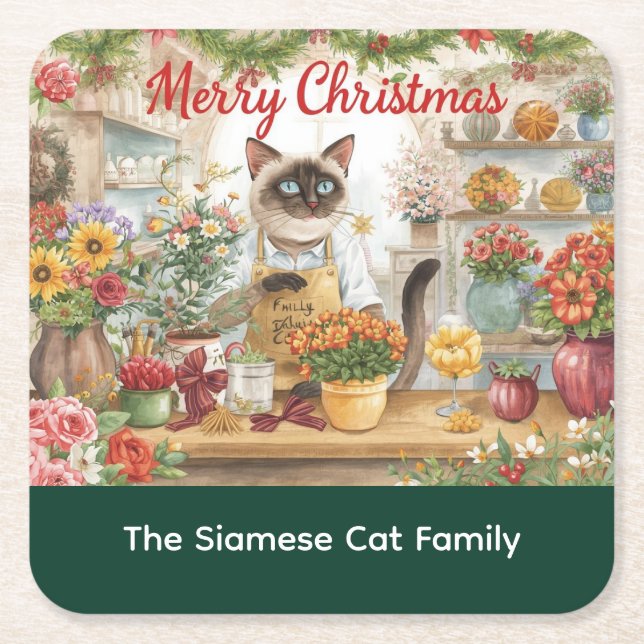 Posavasos Cuadrado De Papel Arreglo floral de Navidades de gato por periódico (Anverso)