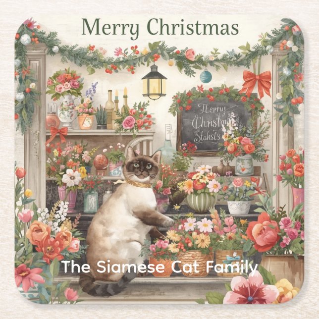 Posavasos Cuadrado De Papel Arreglo floral de Navidades de gato por periódico (Anverso)