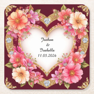 Posavasos Cuadrado De Papel Arreglo Floral en Forma de Corazón
