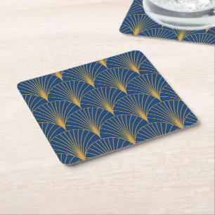Posavasos Cuadrado De Papel Art Deco Abanicos Geométricos Dorados sobre Azul M