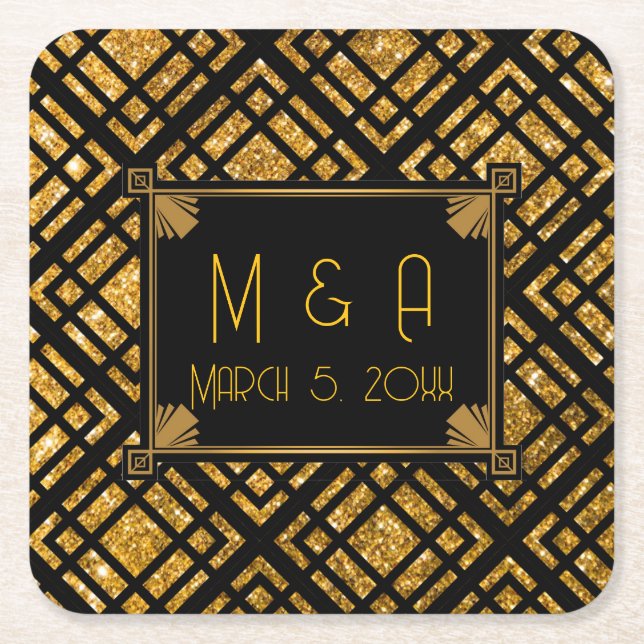 Posavasos Cuadrado De Papel Art Deco Black and Gold Boda Square Coaster (Anverso)