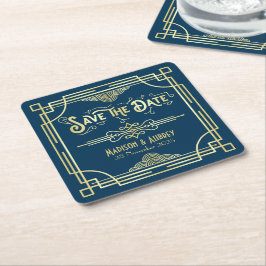 Posavasos Cuadrado De Papel Art Deco Boda Elegant Gold Blue Save the Date