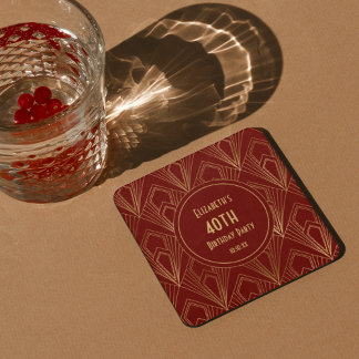 Posavasos Cuadrado De Papel Art Deco Borgoña y Oro 40 Fiesta de cumpleaños