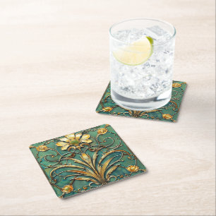Posavasos Cuadrado De Papel Art Deco Hermosa Lirios Turquesa Verde Oro