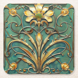 Posavasos Cuadrado De Papel Art Deco Hermosa Lirios Turquesa Verde Oro