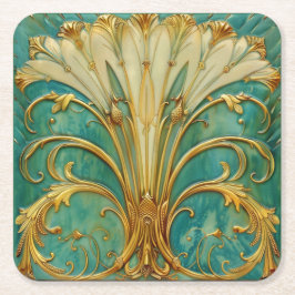 Posavasos Cuadrado De Papel Art Deco Retro Gold Turquoise Trumpet Flower
