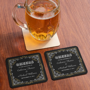 Posavasos Cuadrado De Papel Art Decó Vintage Elegante Boda Oro Blanco Negro